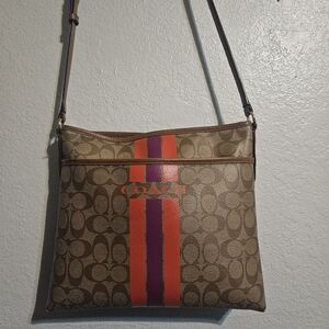 Coach Brown Signature Crossbody with Orange and Purple Center Stripe